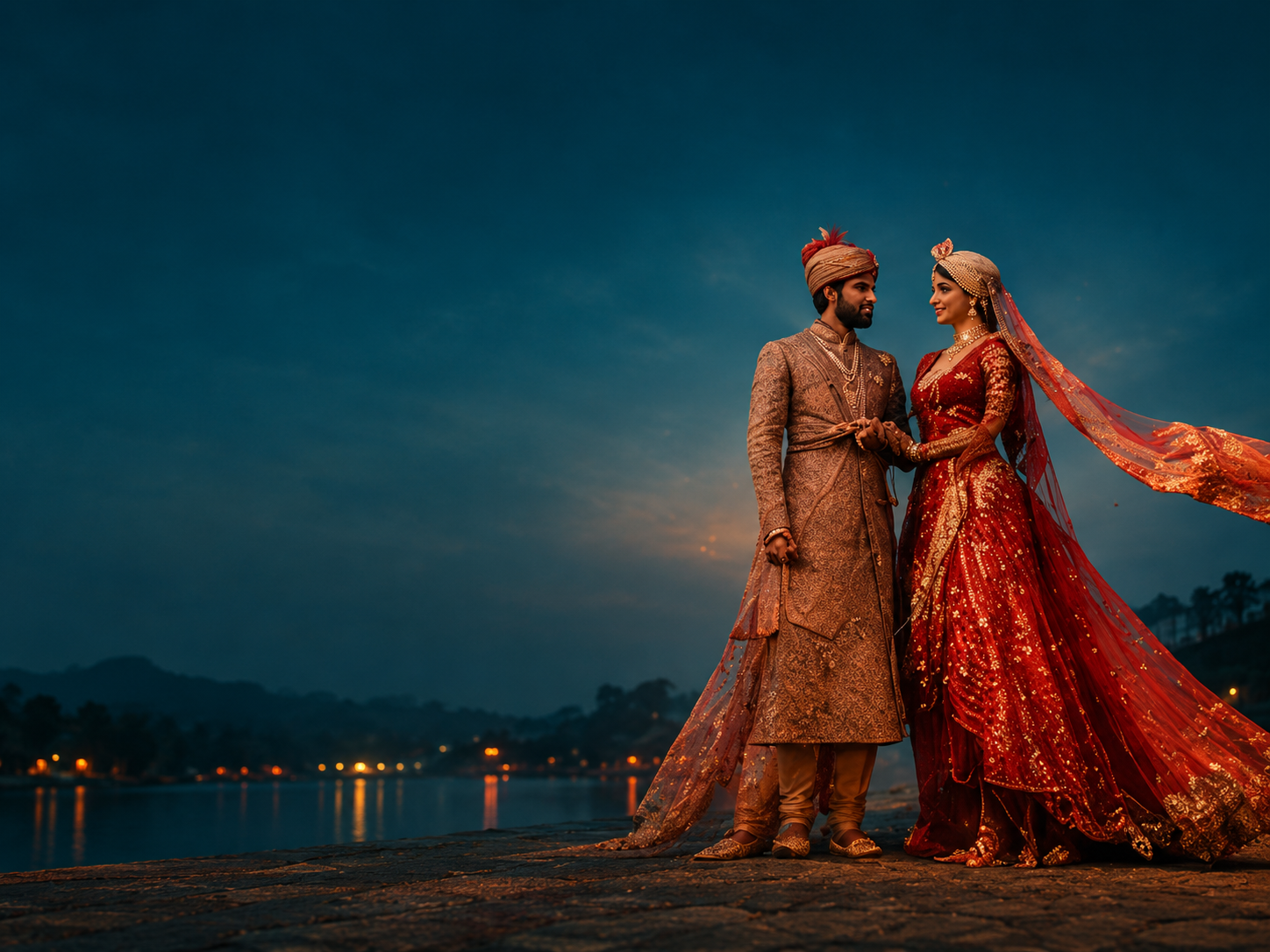 Illustrative wedding couple in red and bronze attire against a cinematic teal evening sky